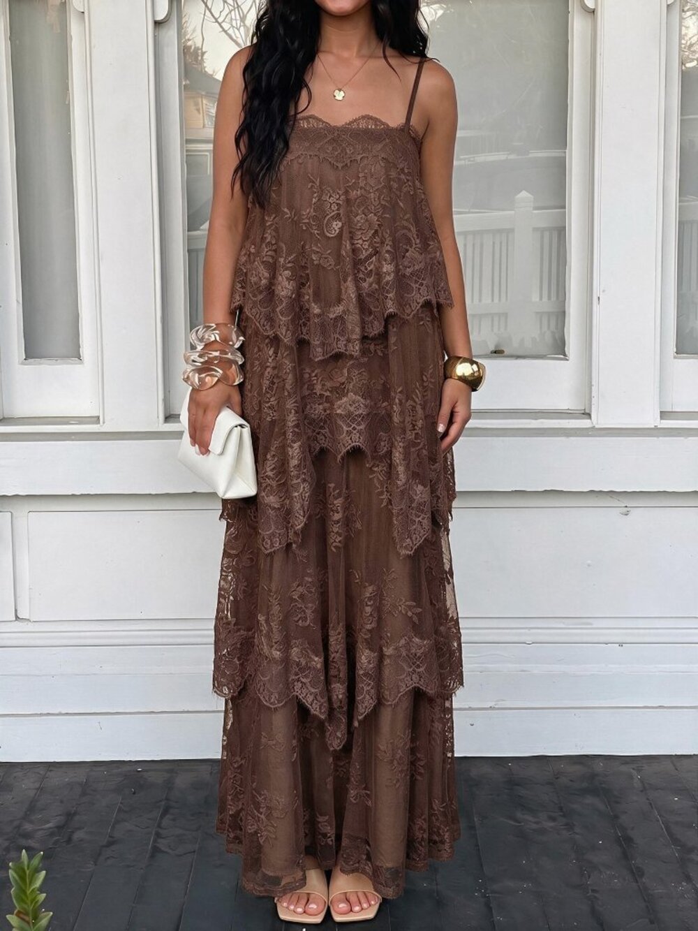 Brown Party Women's Chiffon Ruched Contrast Lace Tiered Maxi Dress